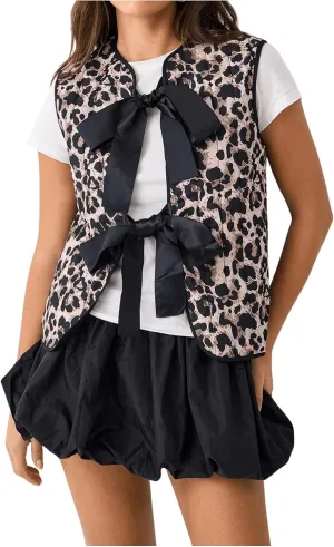 Women's Leopard Print Bow Tie Front Vest Coat Round Neck Sleeveless Jacket