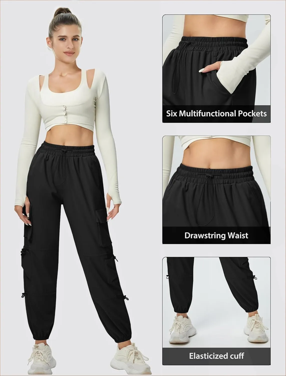 Women's Lightweight Cargo Pants Quick Dry Joggers with 6 Pockets Elastic Waist and Water-Resistant Hiking Pants