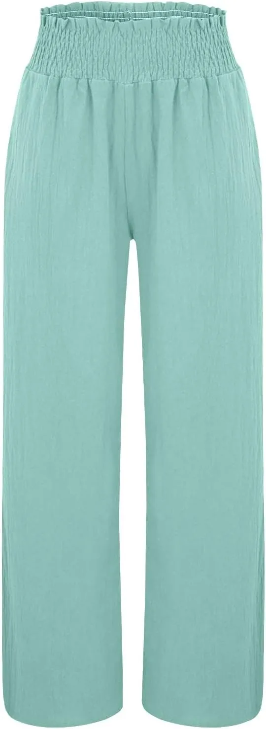 Womens Linen Pants 2025 Summer Casual Loose Wide Leg Palazzo Pants High Waist Flowy Beach Trousers Outfits