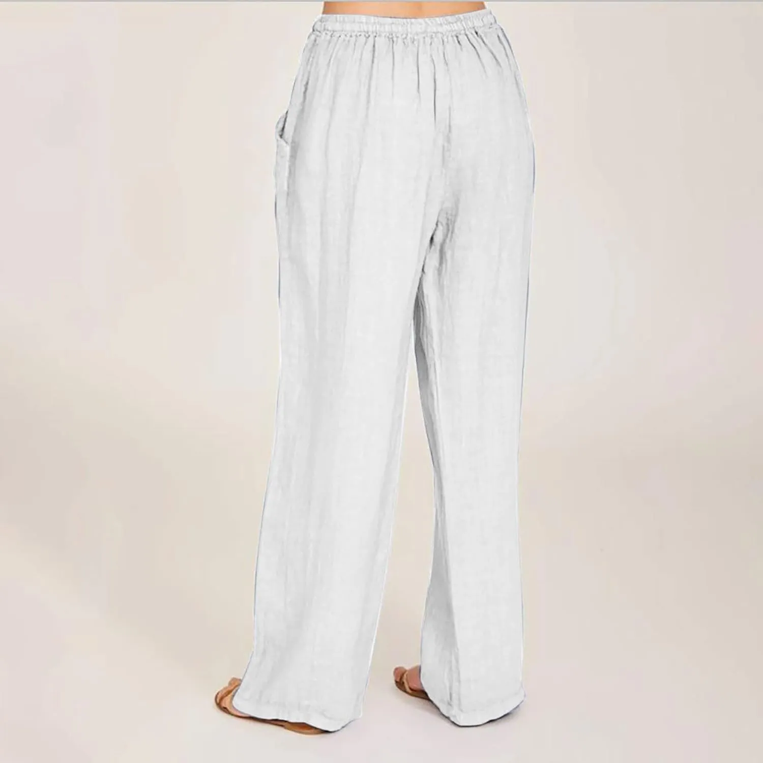 Womens Linen Pants Casual Elastic High Waisted Drawstring Palazzo Pant Trendy Wide Leg Beach Trousers with Pockets