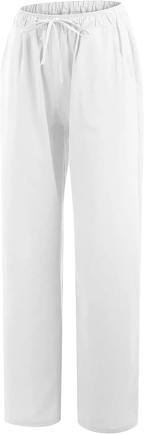 Womens Linen Pants Casual Elastic High Waisted Drawstring Palazzo Pant Trendy Wide Leg Beach Trousers with Pockets