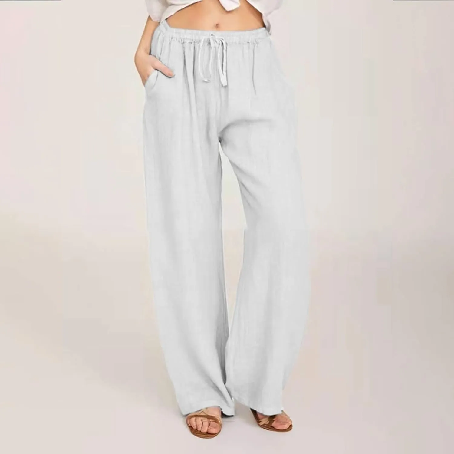 Womens Linen Pants Casual Elastic High Waisted Drawstring Palazzo Pant Trendy Wide Leg Beach Trousers with Pockets