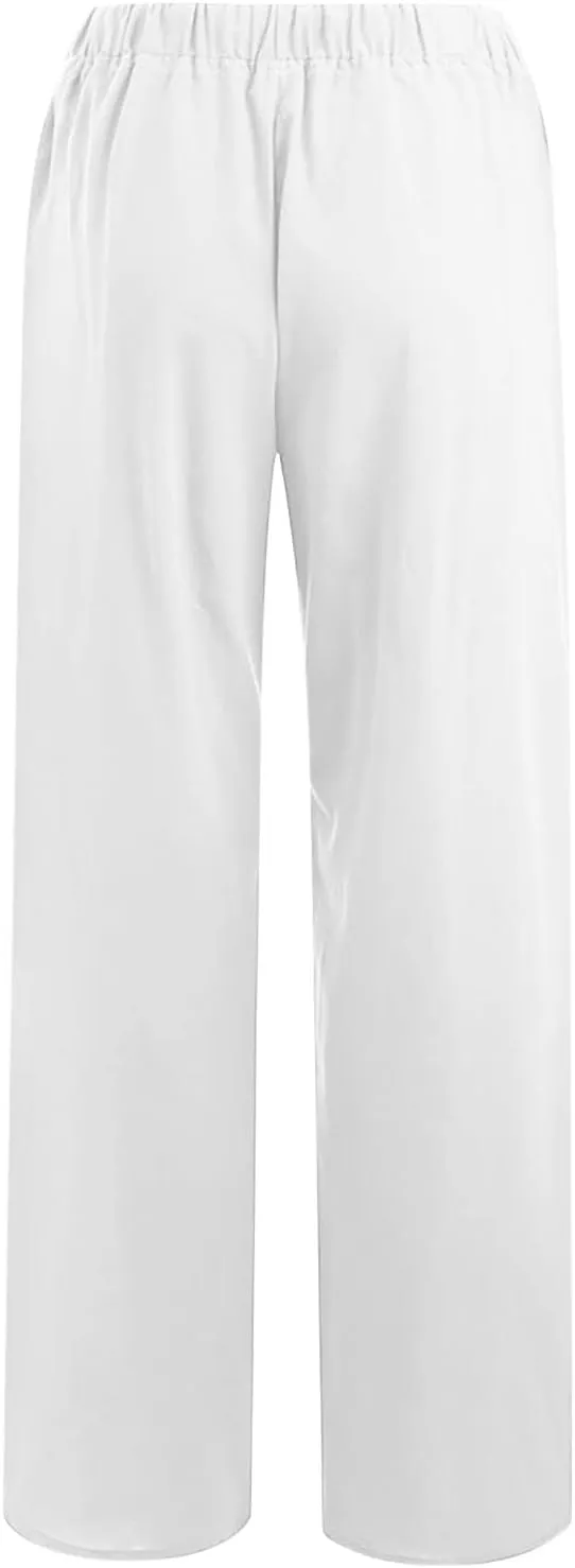 Womens Linen Pants Casual Elastic High Waisted Drawstring Palazzo Pant Trendy Wide Leg Beach Trousers with Pockets