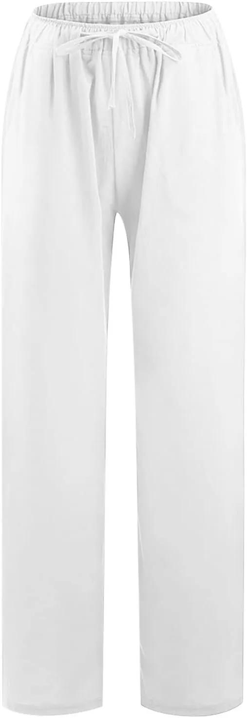 Womens Linen Pants Casual Elastic High Waisted Drawstring Palazzo Pant Trendy Wide Leg Beach Trousers with Pockets