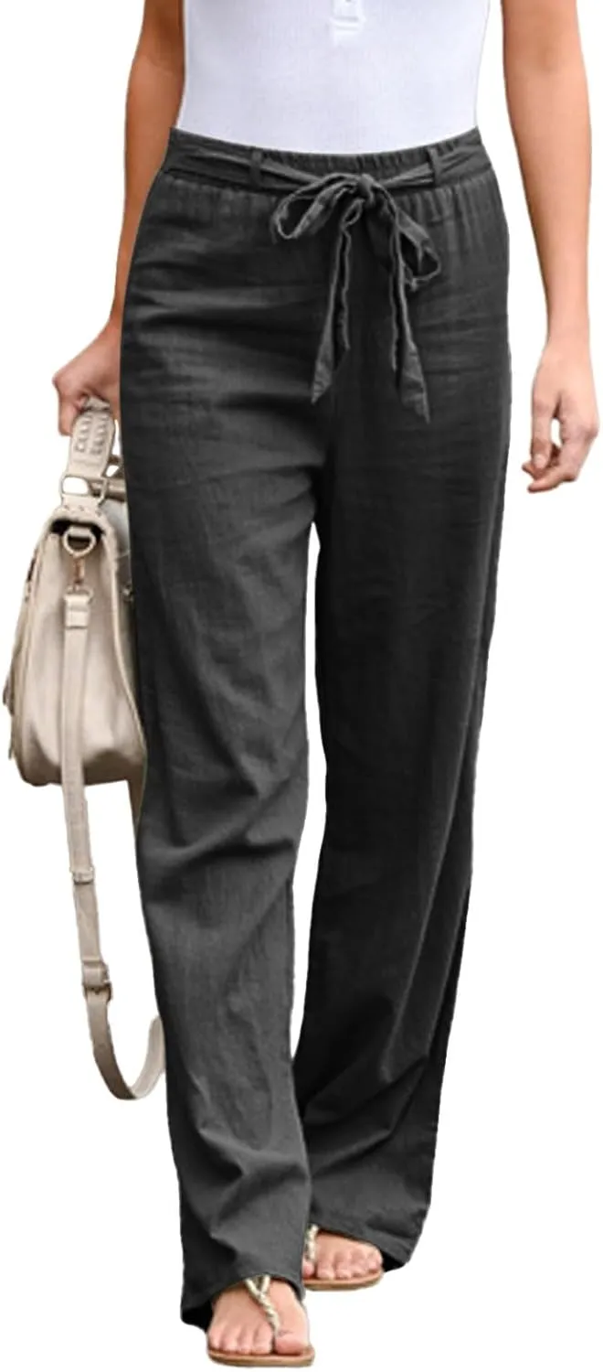 Womens Linen Summer Boho Palazzo Pants Low Waist Ankle Length Slim-Fit Pant Trousers Business Work