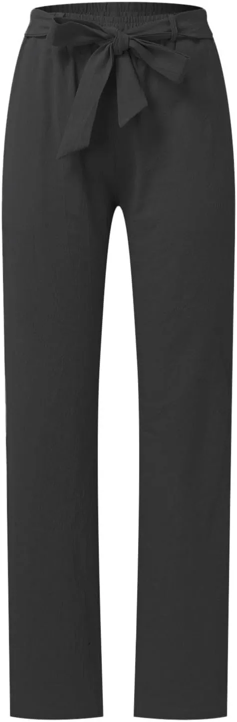 Womens Linen Summer Boho Palazzo Pants Low Waist Ankle Length Slim-Fit Pant Trousers Business Work