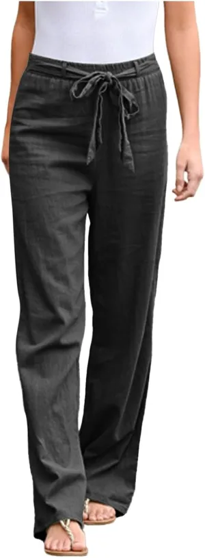 Womens Linen Summer Boho Palazzo Pants Low Waist Ankle Length Slim-Fit Pant Trousers Business Work