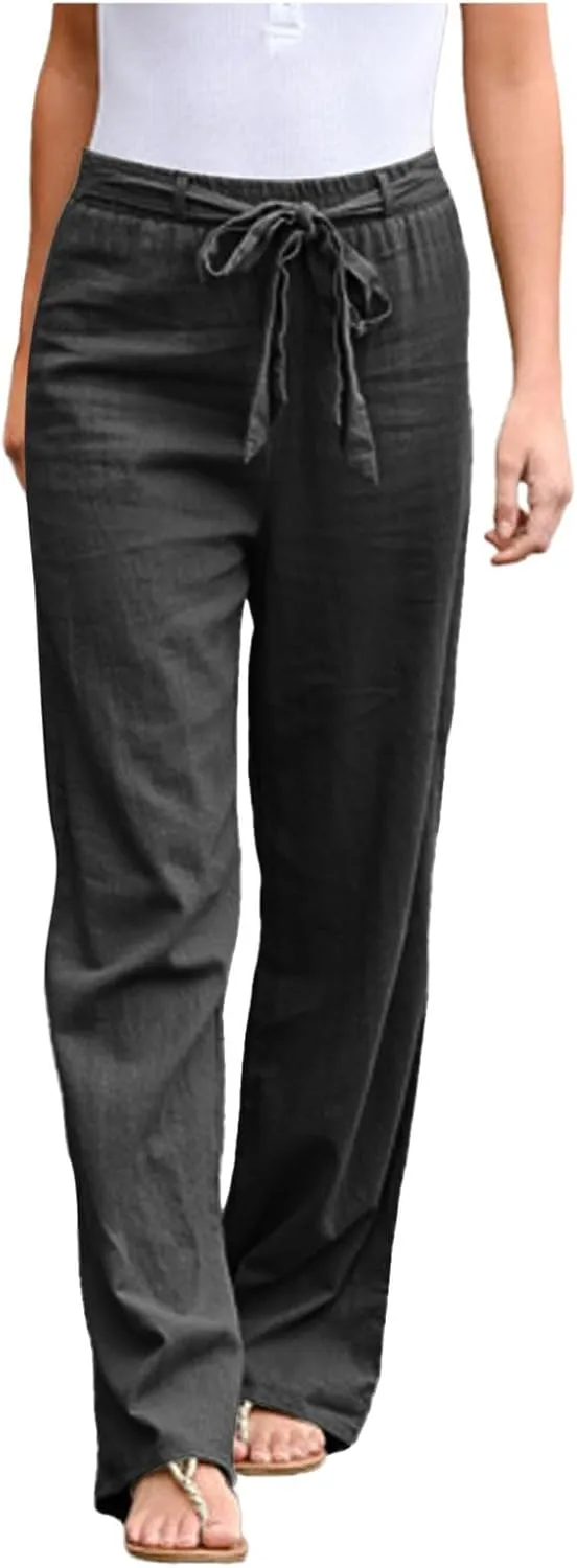 Womens Linen Summer Boho Palazzo Pants Low Waist Ankle Length Slim-Fit Pant Trousers Business Work