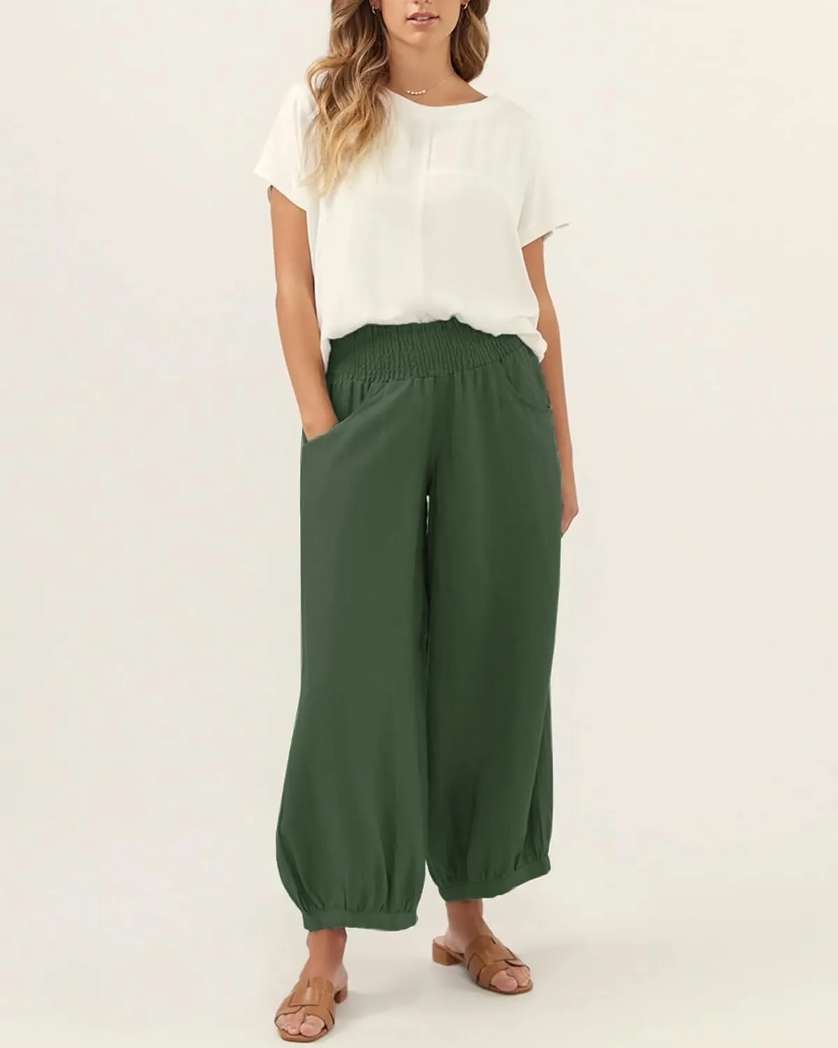 Womens Linen Wide Leg Pants Summer Beach Palazzo Harem Pants Casual Ankle Length Trouser Slacks