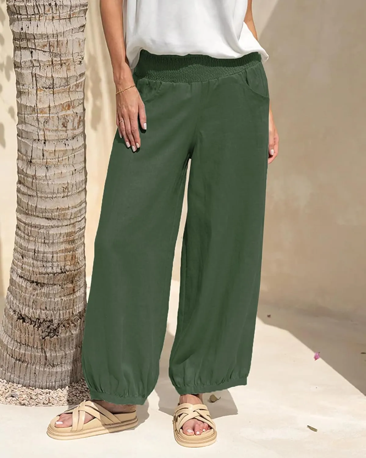 Womens Linen Wide Leg Pants Summer Beach Palazzo Harem Pants Casual Ankle Length Trouser Slacks