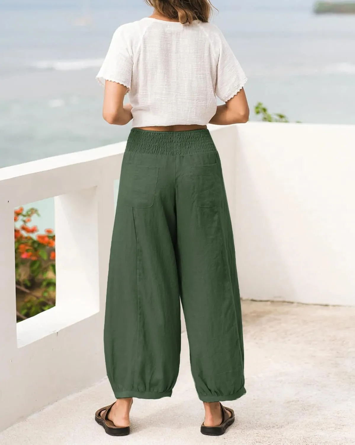 Womens Linen Wide Leg Pants Summer Beach Palazzo Harem Pants Casual Ankle Length Trouser Slacks