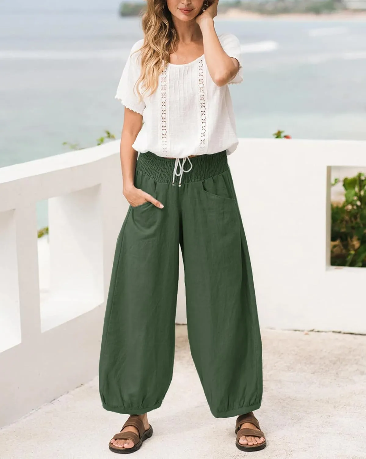 Womens Linen Wide Leg Pants Summer Beach Palazzo Harem Pants Casual Ankle Length Trouser Slacks