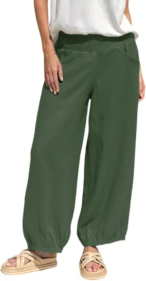 Womens Linen Wide Leg Pants Summer Beach Palazzo Harem Pants Casual Ankle Length Trouser Slacks