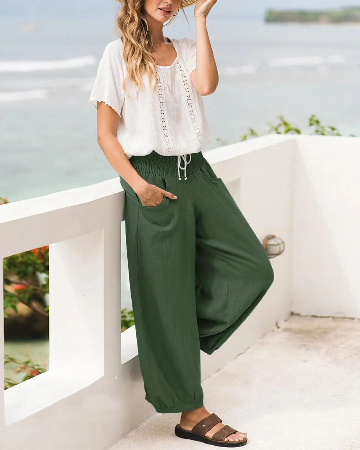 Womens Linen Wide Leg Pants Summer Beach Palazzo Harem Pants Casual Ankle Length Trouser Slacks