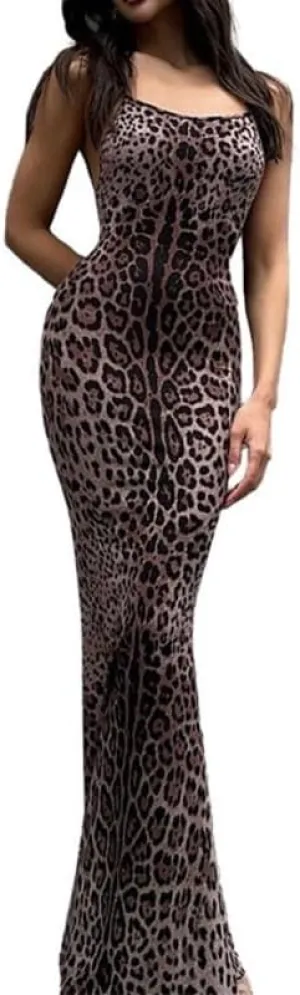 Women's Long Skirt Sexy Leopard Print Backless Camisole Dress