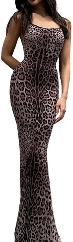 Women's Long Skirt Sexy Leopard Print Backless Camisole Dress