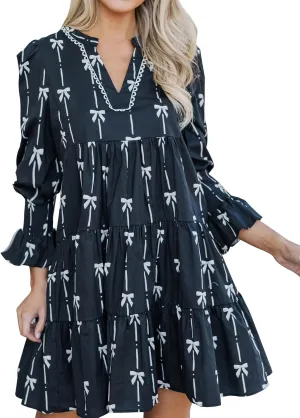 Women's Long Sleeve Bow Print Mini Dress V Neck Tiered Ruffle Swing Babydoll Short Dress