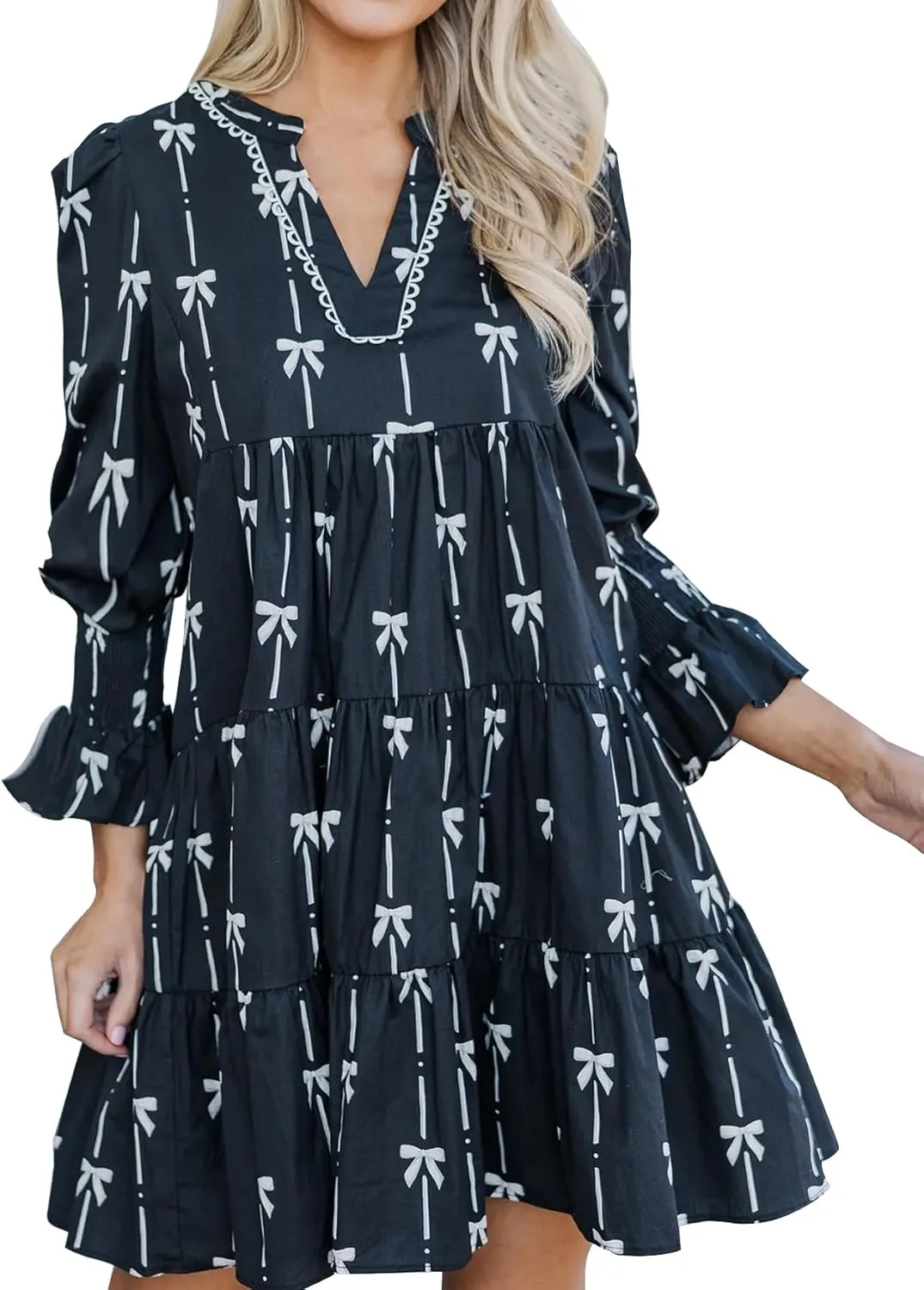 Women's Long Sleeve Bow Print Mini Dress V Neck Tiered Ruffle Swing Babydoll Short Dress