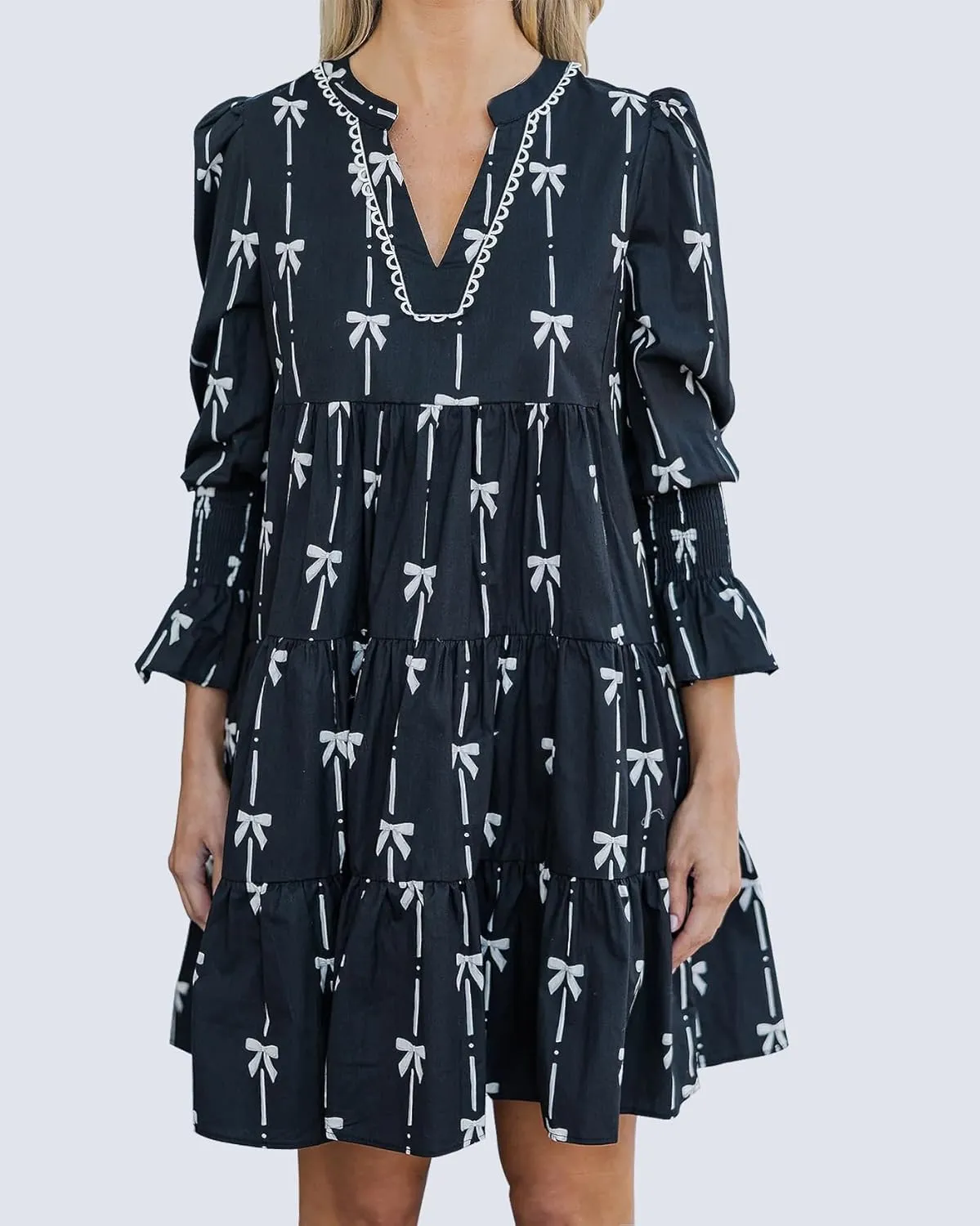 Women's Long Sleeve Bow Print Mini Dress V Neck Tiered Ruffle Swing Babydoll Short Dress