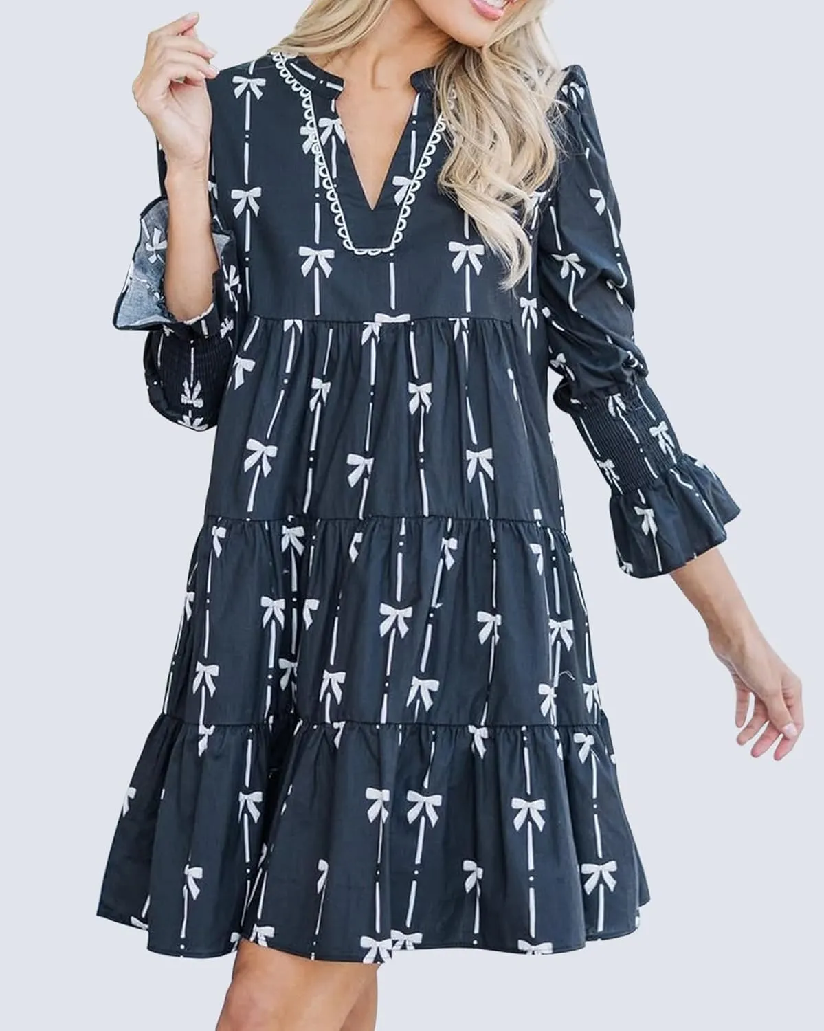 Women's Long Sleeve Bow Print Mini Dress V Neck Tiered Ruffle Swing Babydoll Short Dress