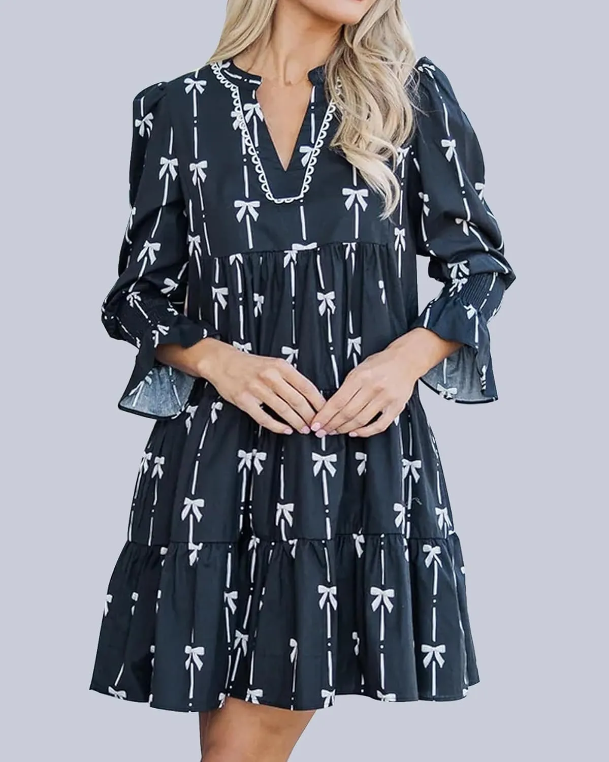 Women's Long Sleeve Bow Print Mini Dress V Neck Tiered Ruffle Swing Babydoll Short Dress