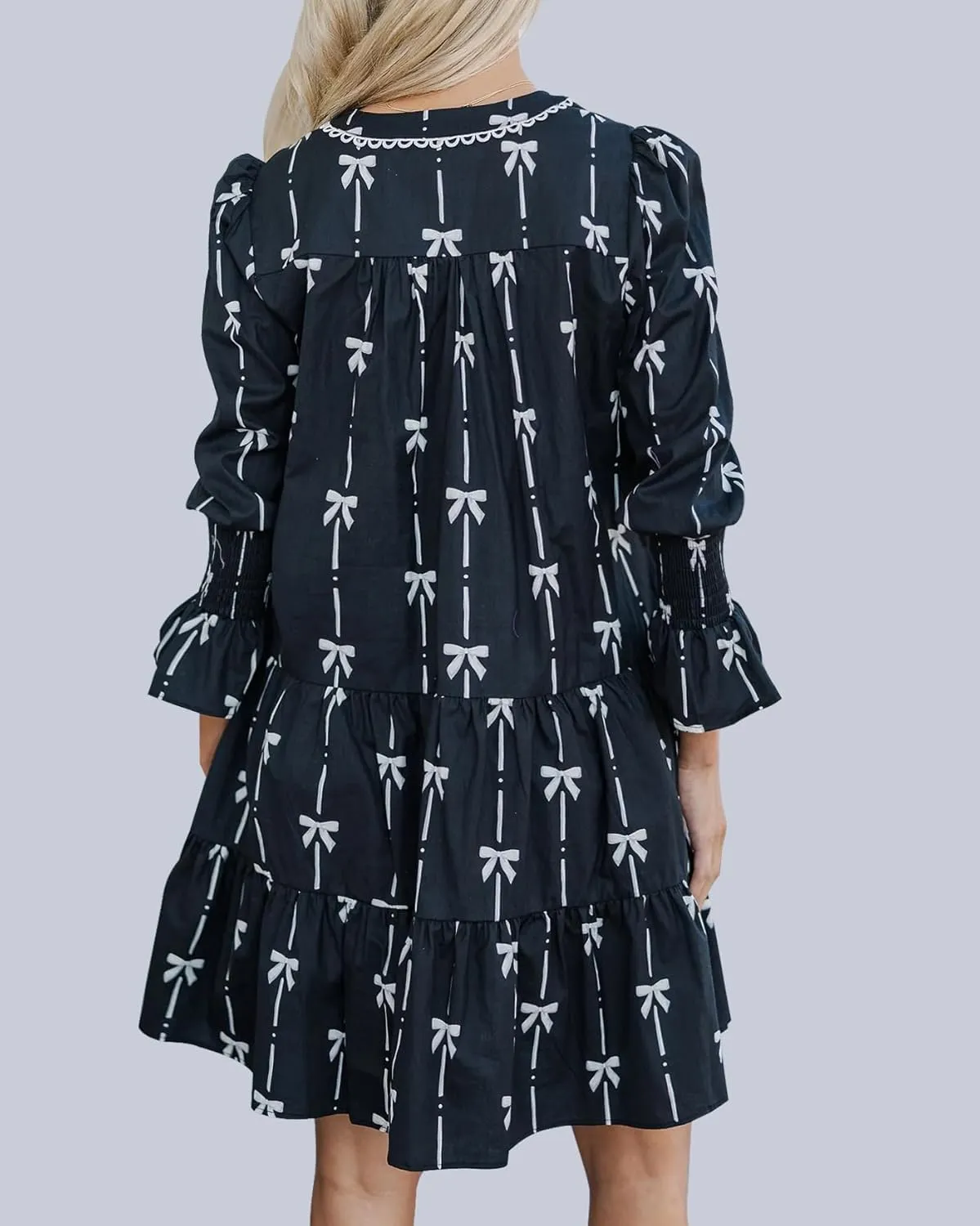 Women's Long Sleeve Bow Print Mini Dress V Neck Tiered Ruffle Swing Babydoll Short Dress