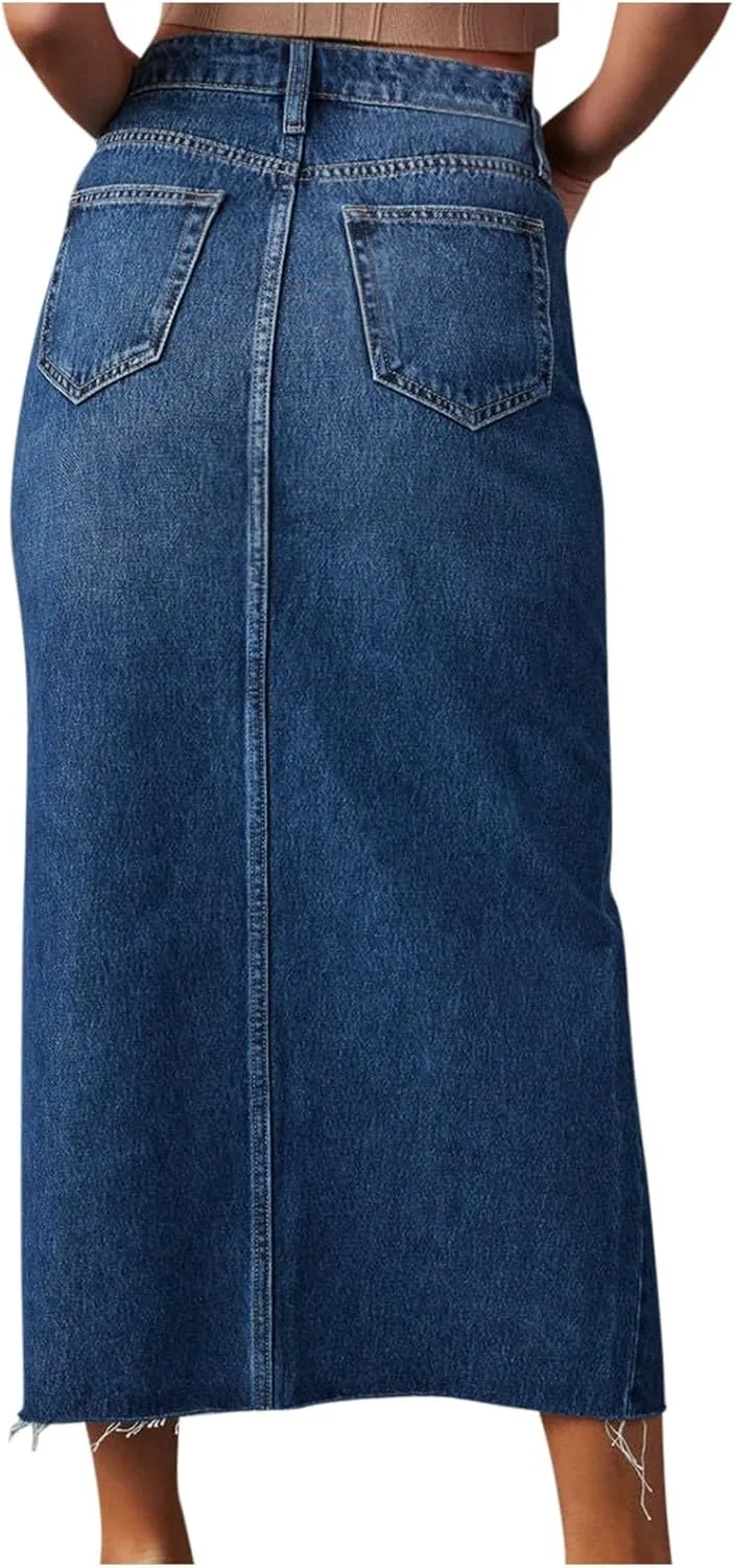 Women's Midi Jean Skirt High Waisted Slit Hem Slim Fit Pencil Denim Skirts Fashion Spring Summer Casual Skirts
