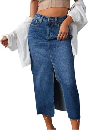 Women's Midi Jean Skirt High Waisted Slit Hem Slim Fit Pencil Denim Skirts Fashion Spring Summer Casual Skirts