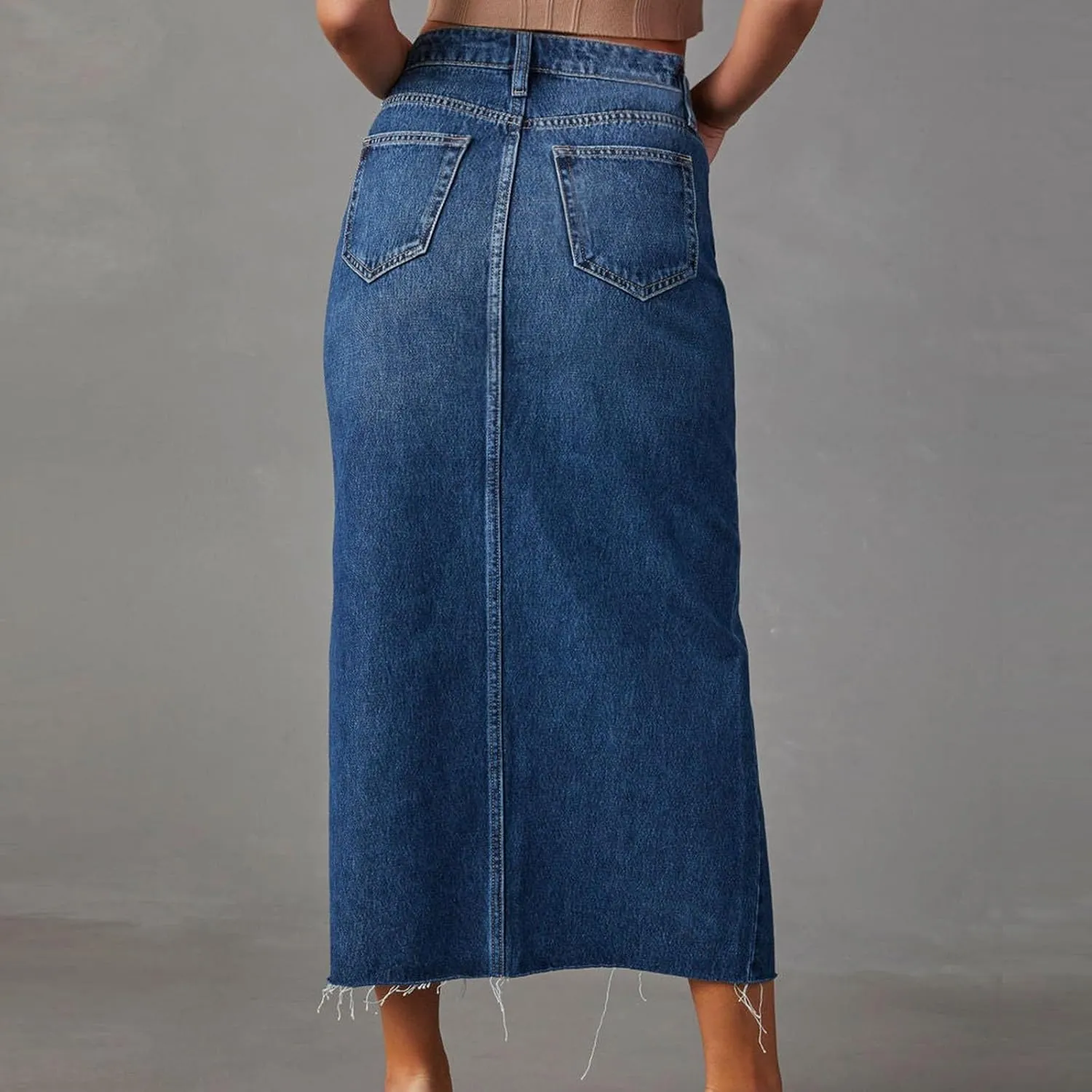 Women's Midi Jean Skirt High Waisted Slit Hem Slim Fit Pencil Denim Skirts Fashion Spring Summer Casual Skirts