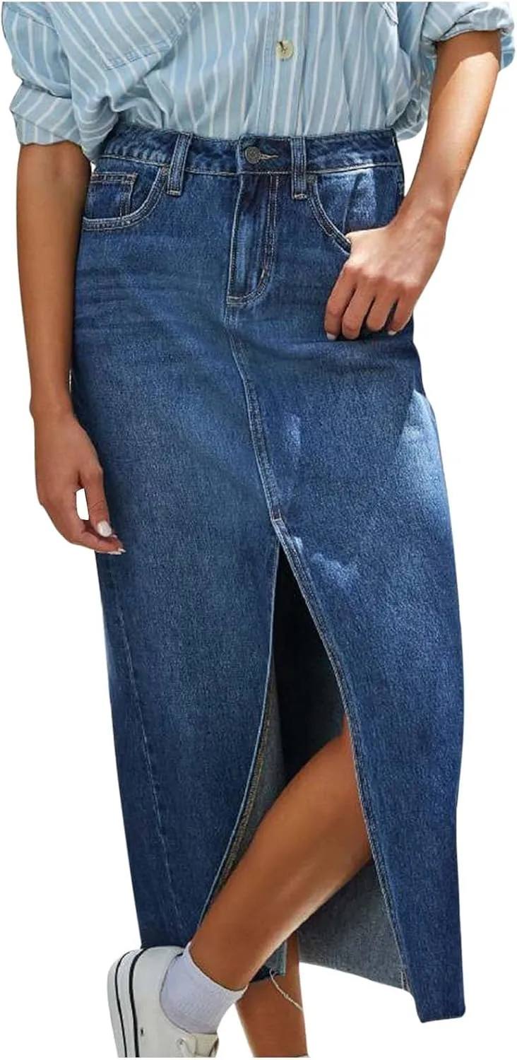 Women's Midi Jean Skirt High Waisted Slit Hem Slim Fit Pencil Denim Skirts Fashion Spring Summer Casual Skirts
