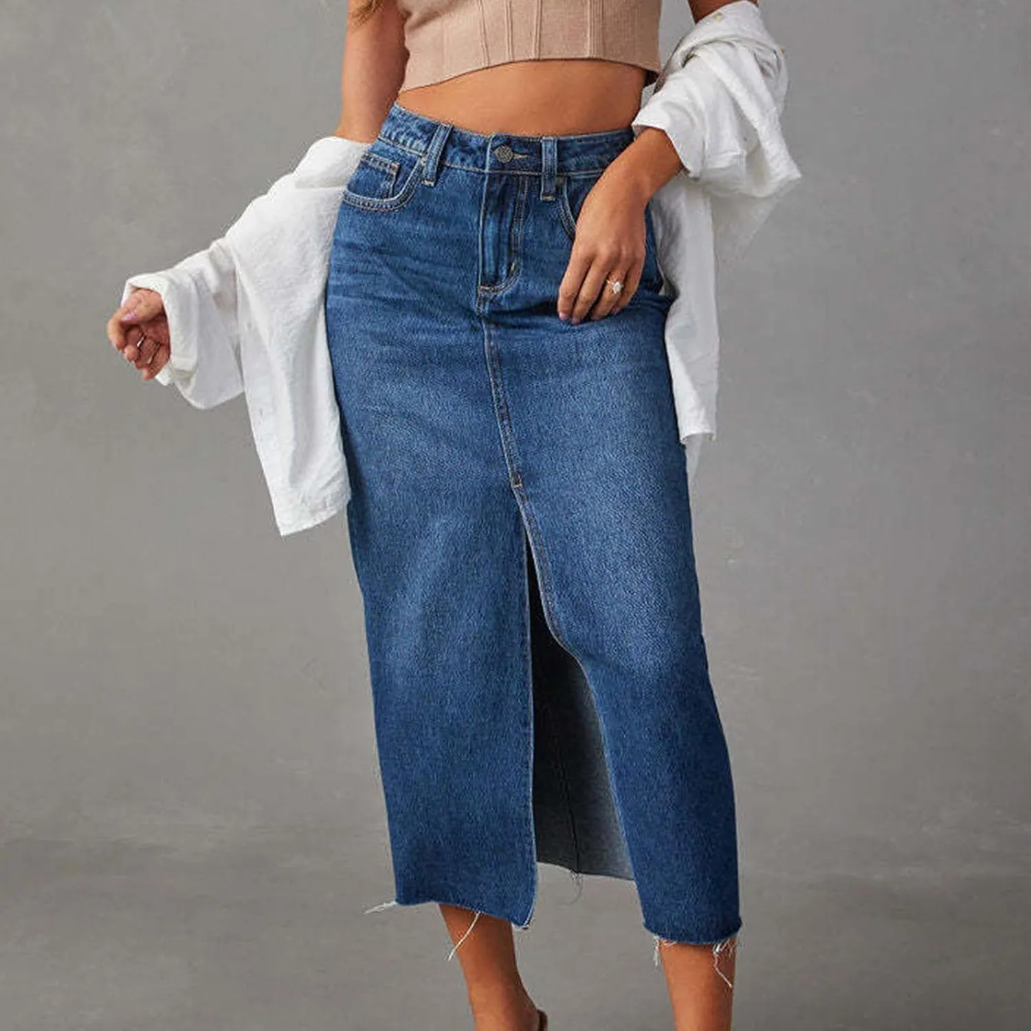 Women's Midi Jean Skirt High Waisted Slit Hem Slim Fit Pencil Denim Skirts Fashion Spring Summer Casual Skirts