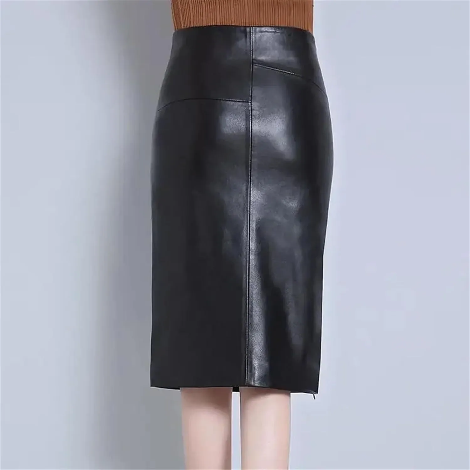 Womens Midi Split Leather Skirt Winter Sheepskin Genuine High Waist Plus Size