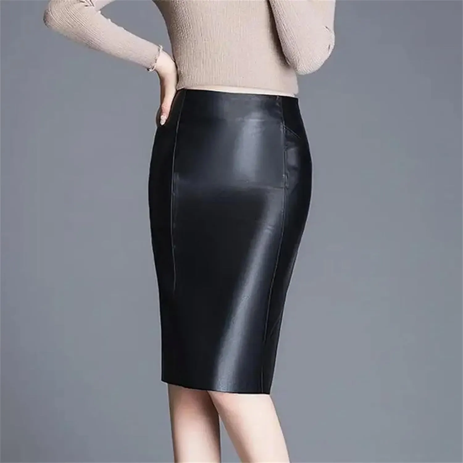 Womens Midi Split Leather Skirt Winter Sheepskin Genuine High Waist Plus Size
