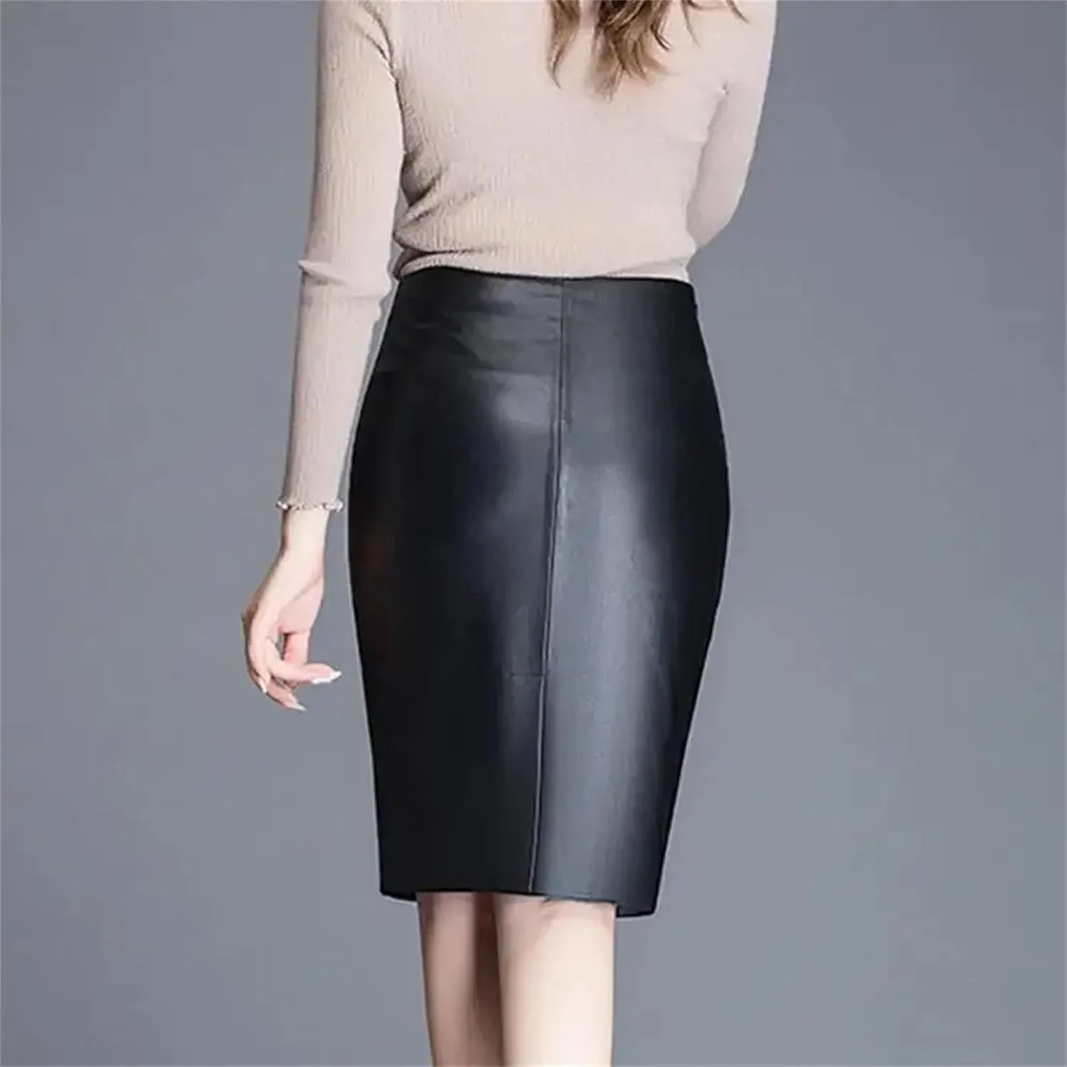 Womens Midi Split Leather Skirt Winter Sheepskin Genuine High Waist Plus Size