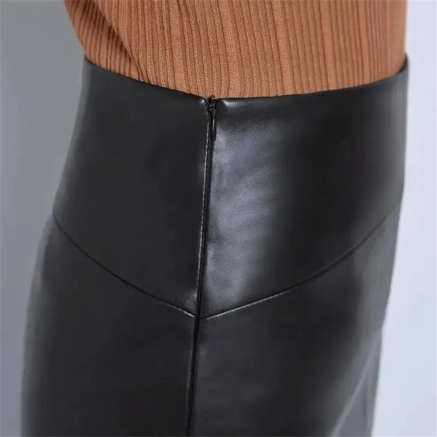 Womens Midi Split Leather Skirt Winter Sheepskin Genuine High Waist Plus Size