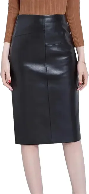 Womens Midi Split Leather Skirt Winter Sheepskin Genuine High Waist Plus Size