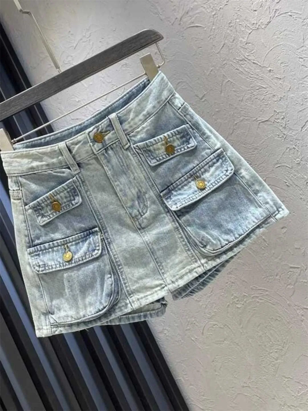 Women's Multi Pocket Denim Shorts Summer High Waisted Retro Slim A-Line Short Jean Pants Skirt Cargo Pants