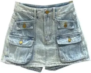 Women's Multi Pocket Denim Shorts Summer High Waisted Retro Slim A-Line Short Jean Pants Skirt Cargo Pants