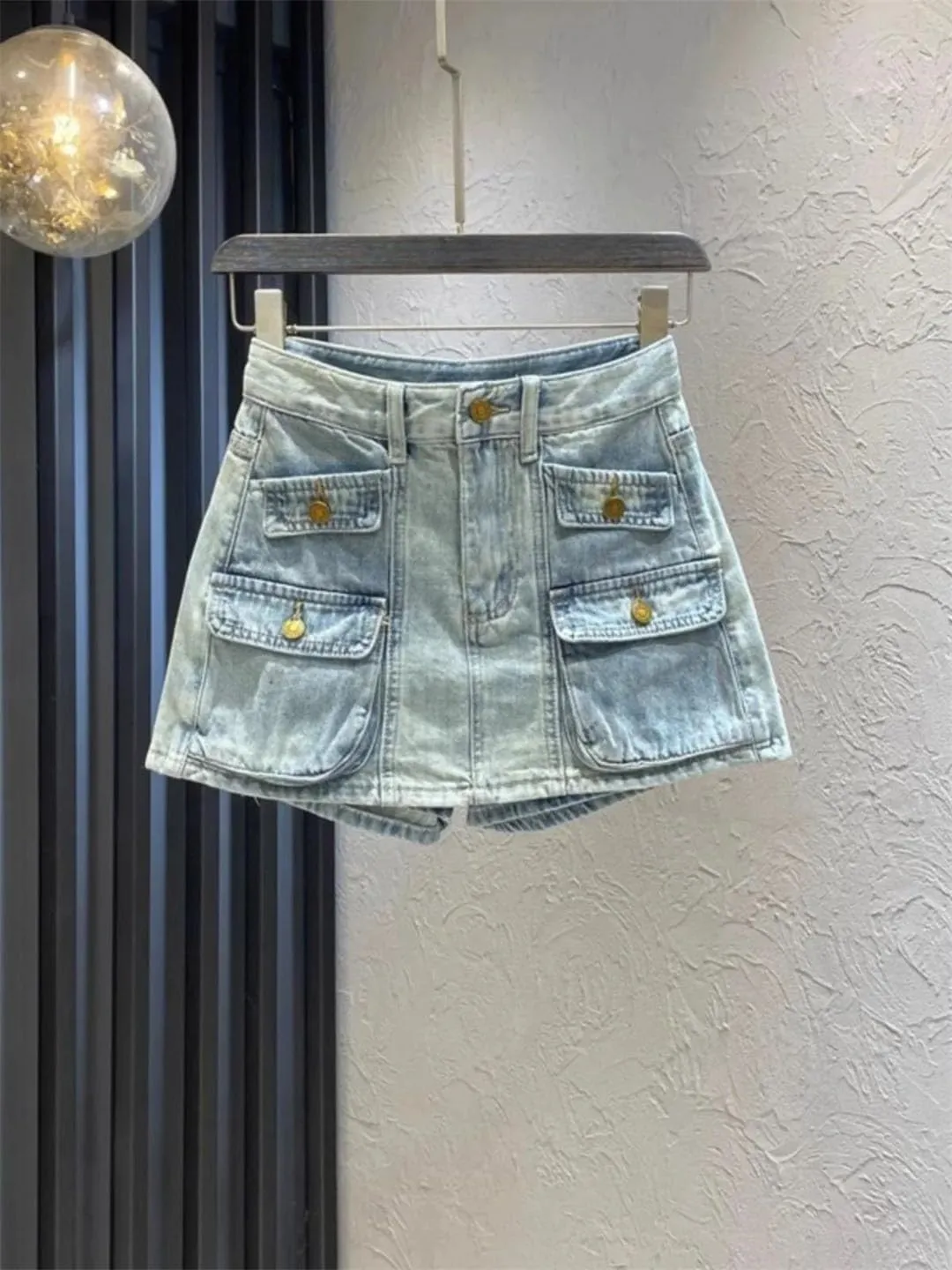 Women's Multi Pocket Denim Shorts Summer High Waisted Retro Slim A-Line Short Jean Pants Skirt Cargo Pants