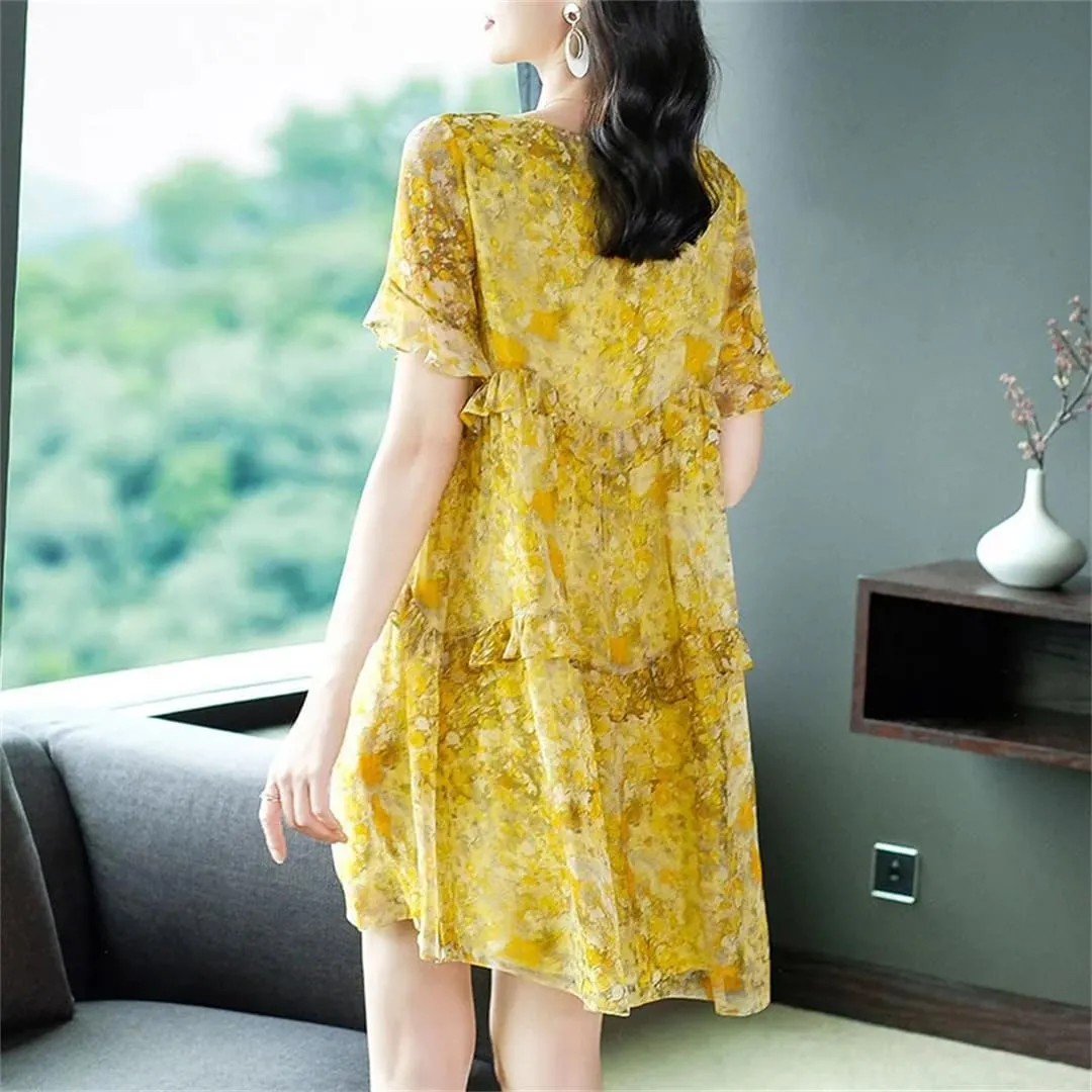 Women's O-Neck Spliced Loose Printed Folds Ruffles Mini Dress Summer Office Floral Dress