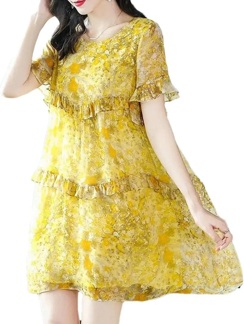Women's O-Neck Spliced Loose Printed Folds Ruffles Mini Dress Summer Office Floral Dress