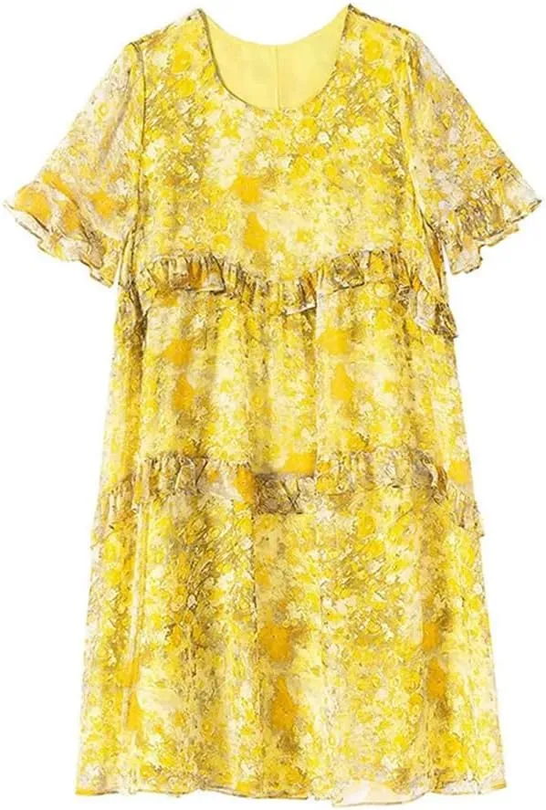 Women's O-Neck Spliced Loose Printed Folds Ruffles Mini Dress Summer Office Floral Dress