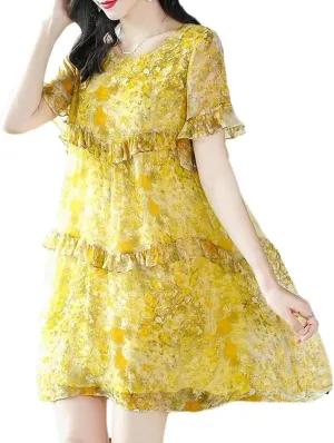 Women's O-Neck Spliced Loose Printed Folds Ruffles Mini Dress Summer Office Floral Dress