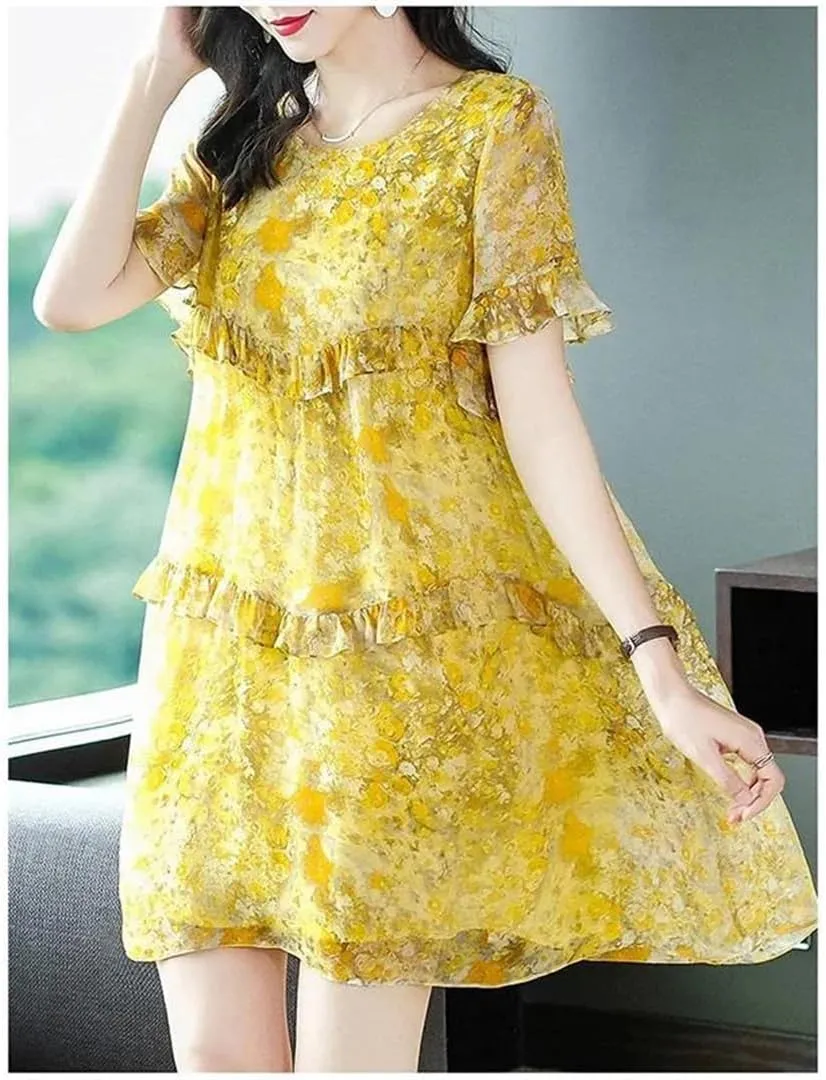 Women's O-Neck Spliced Loose Printed Folds Ruffles Mini Dress Summer Office Floral Dress