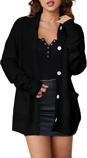 Womens Open Front Cardigan Hollow Out Crochet Long Sleeve Knit High Collar Sweater Coat with Pockets