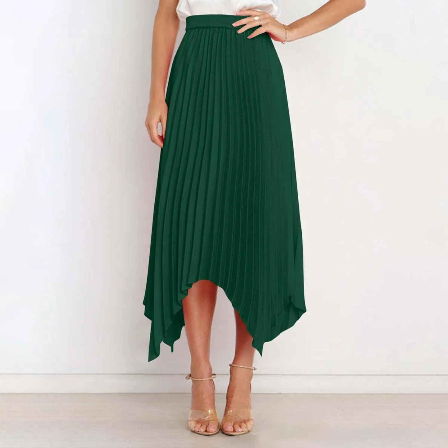 Women's Pleated Midi Long Skirt High Waisted Irregular Hem Solid Summer A-line Swing Flowy Skirts