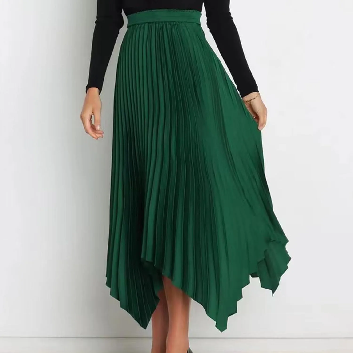 Women's Pleated Midi Long Skirt High Waisted Irregular Hem Solid Summer A-line Swing Flowy Skirts