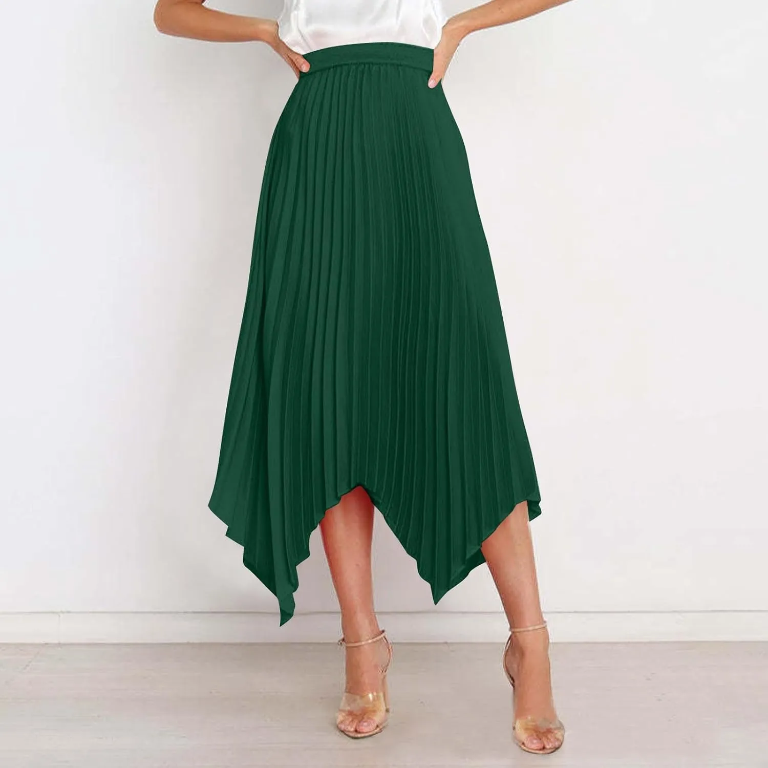 Women's Pleated Midi Long Skirt High Waisted Irregular Hem Solid Summer A-line Swing Flowy Skirts