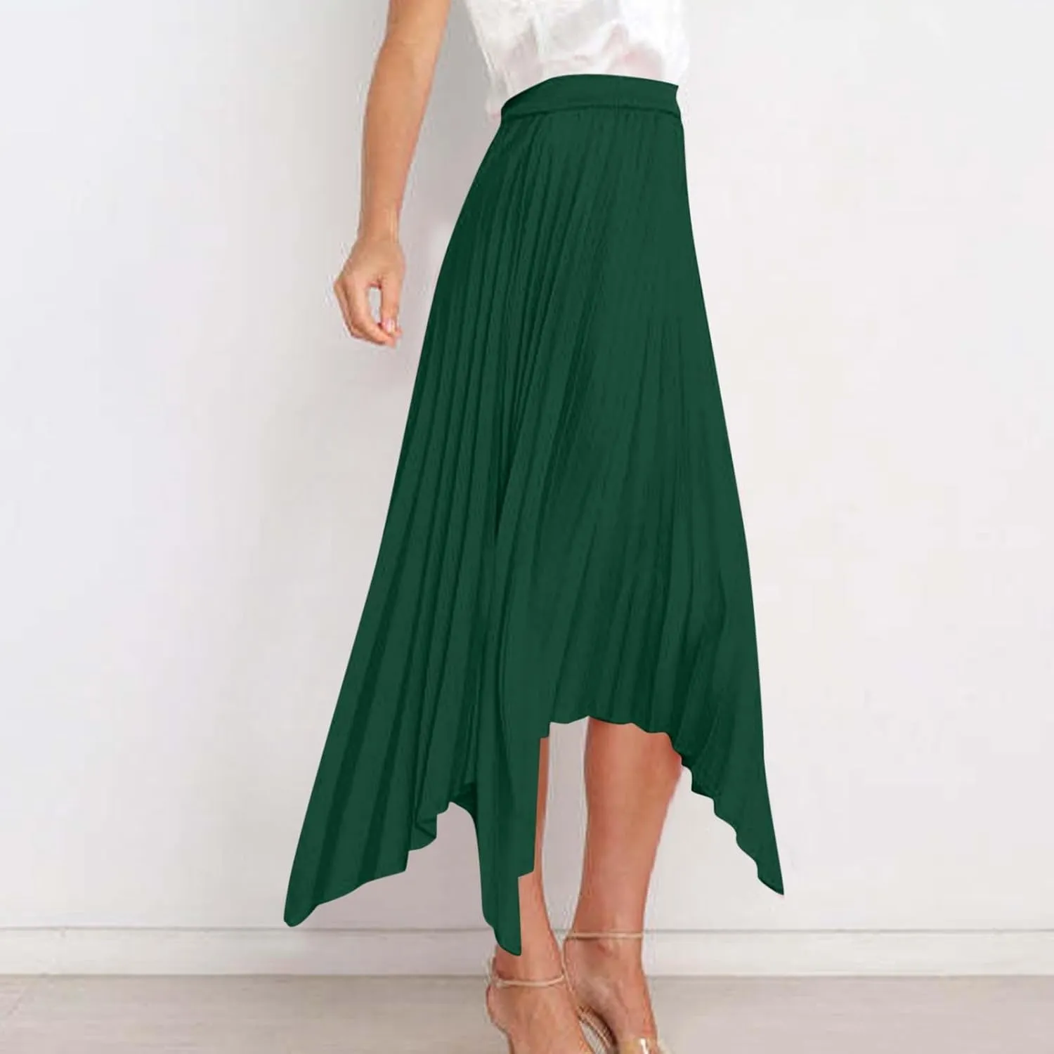 Women's Pleated Midi Long Skirt High Waisted Irregular Hem Solid Summer A-line Swing Flowy Skirts
