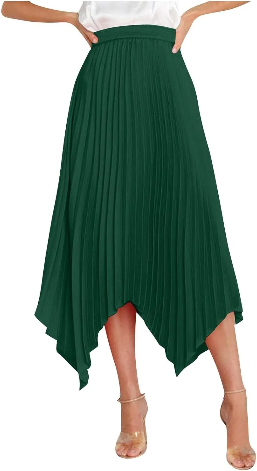 Women's Pleated Midi Long Skirt High Waisted Irregular Hem Solid Summer A-line Swing Flowy Skirts